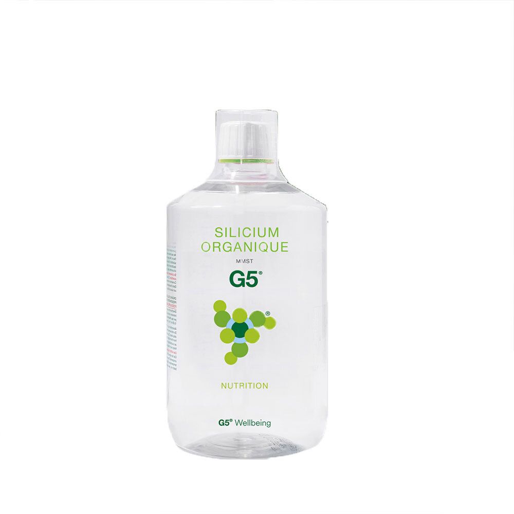 Bouteille transparente avec étiquette verte. Inscription : Silicium Organique G5. Nutrition. G5 Wellbeing.