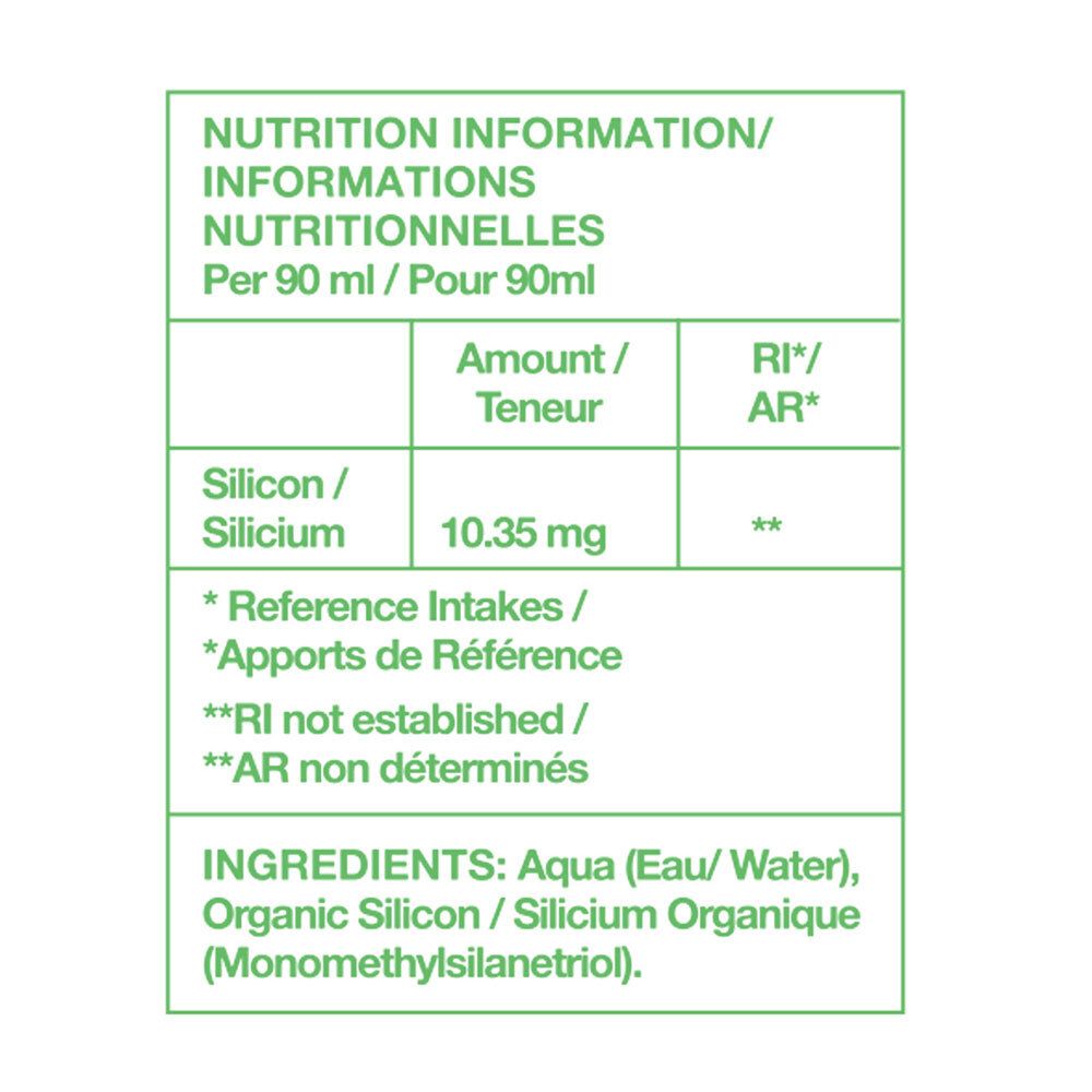 Tableau nutritionnel avec informations sur le silicium. Contient 10,35 mg de silicium pour 90 ml. Ingrédients : Aqua, silicium organique.