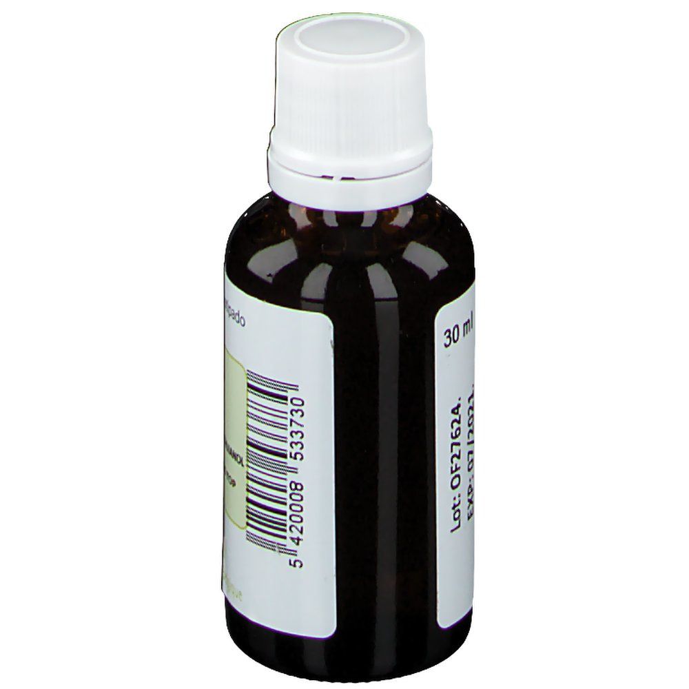 Flacon en verre brun avec bouchon blanc. Étiquette avec texte: 30 ml, code-barres, Pranarôm. Huile essentielle.