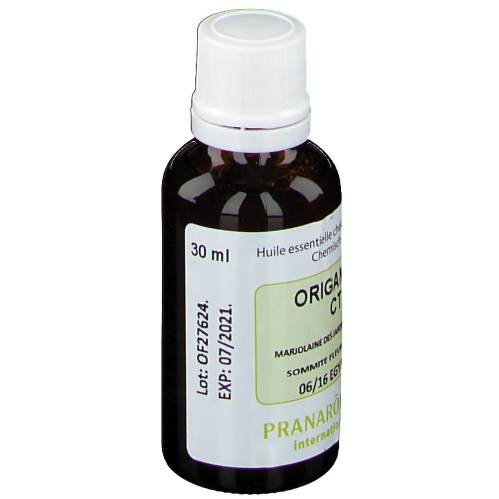 Flacon en verre brun avec bouchon blanc. Étiquette avec texte: 30 ml, date de péremption, ORIGANUM MAJORANA, Pranarôm. Huile essentielle.
