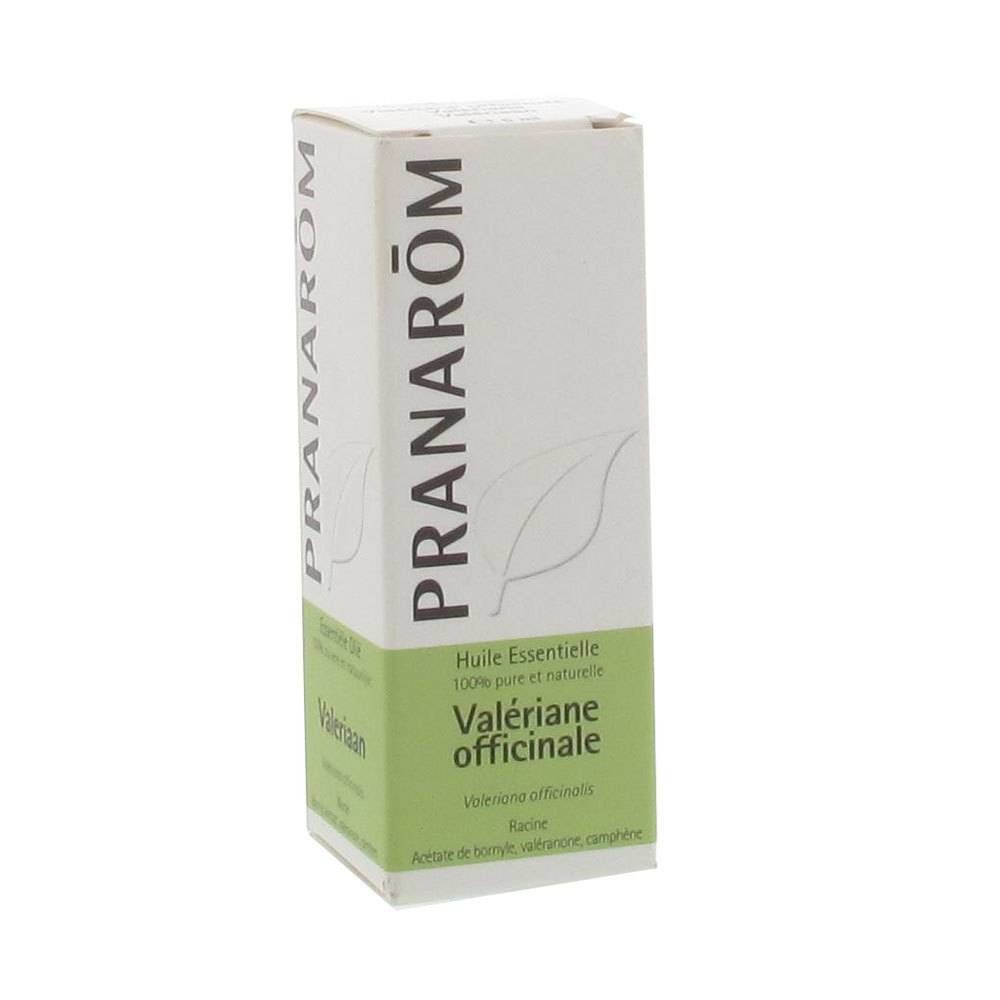 Boîte blanche avec accents verts. Inscription: PRANAROM, Valeriana officinalis. Texte sur les ingrédients.