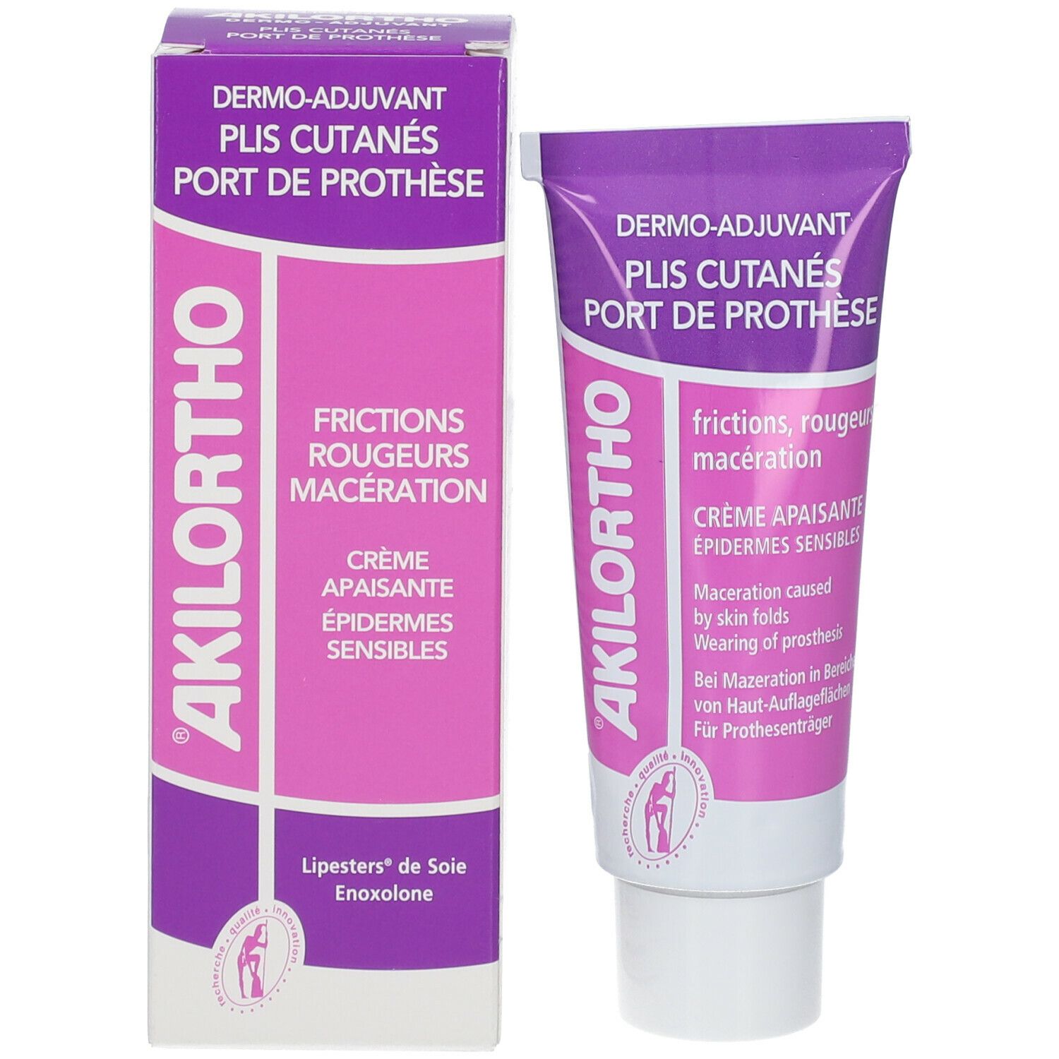 Verpakking en tube. Verpakking: rechthoekig, paars-wit. Tube: paars-wit. Opschrift: AKILORTHO, DERMO-ADJUVANT, PLIS CUTANÉS, PORT DE PROTHÈSE.