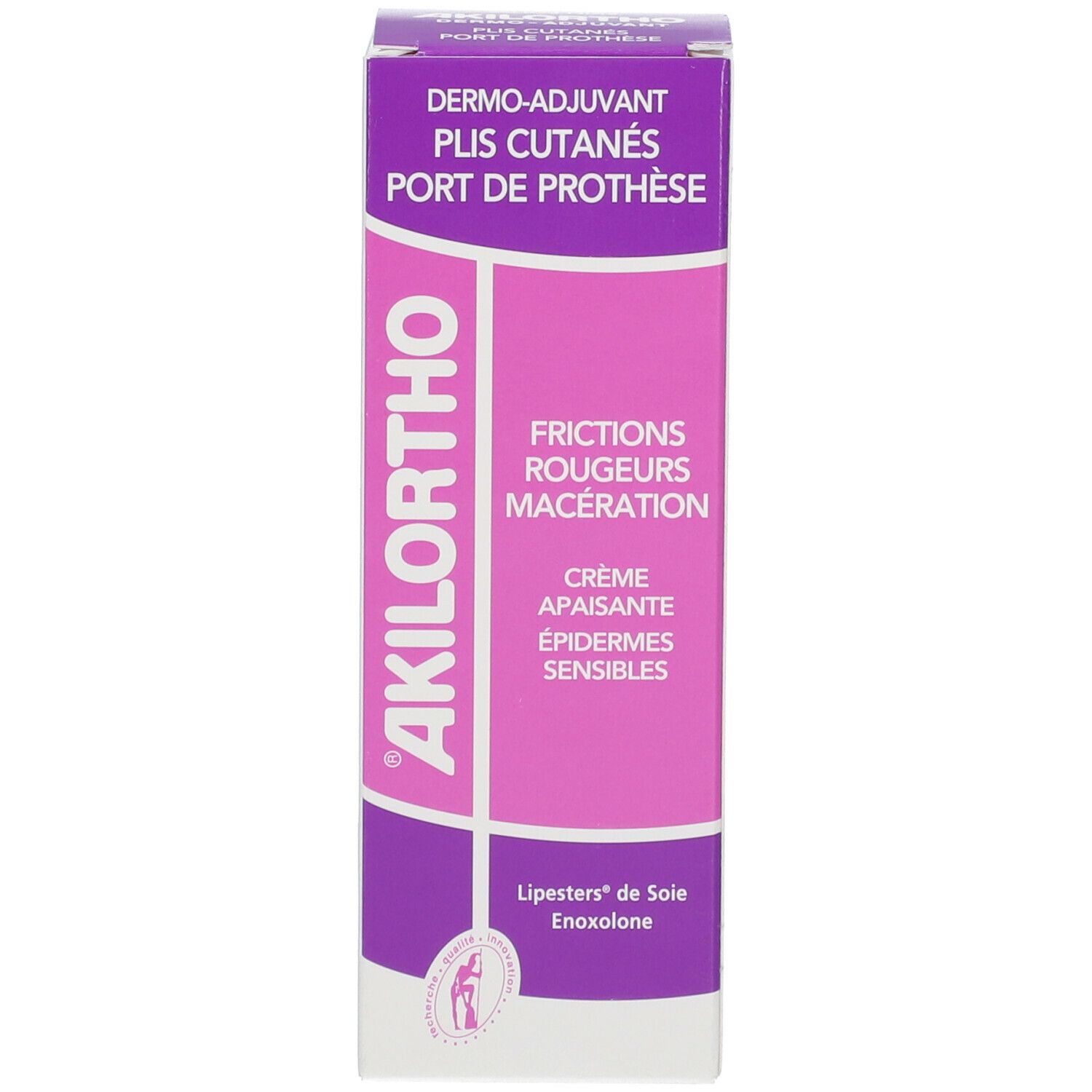 Rechthoekige productverpakking, paars-wit. Opschrift: AKILORTHO, DERMO-ADJUVANT, PLIS CUTANÉS, PORT DE PROTHÈSE. Tekst in het Frans.