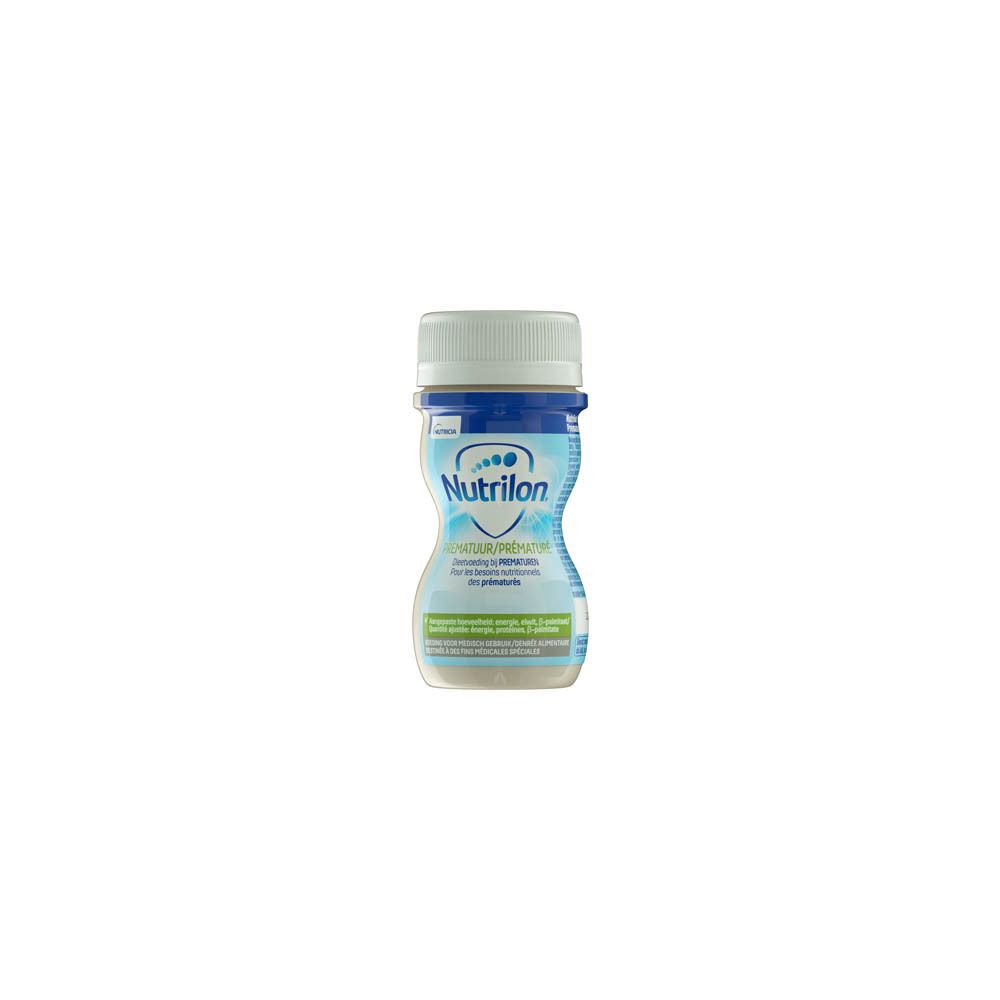 Bouteille avec bouchon blanc. Étiquette avec nom du produit Nutrilon Premature.