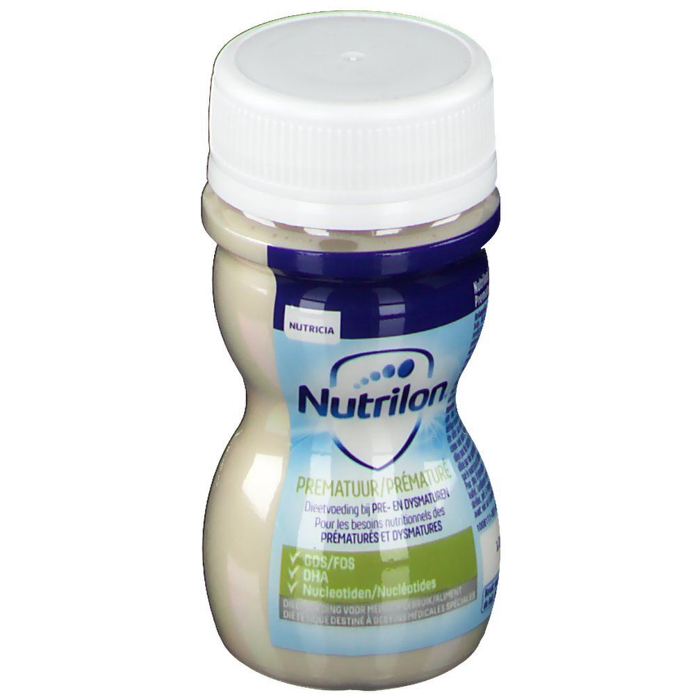 Bouteille avec bouchon blanc. Étiquette avec nom du produit Nutrilon Premature.