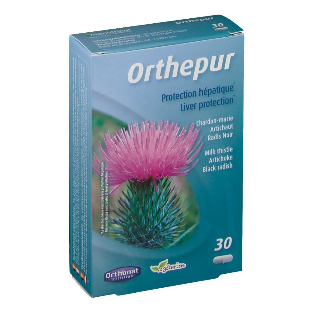 Doos 'Orthepur'. Opschrift: 'Protection hépatique', 'Liver protection'. Afbeelding van een distelbloem. 30 capsules.