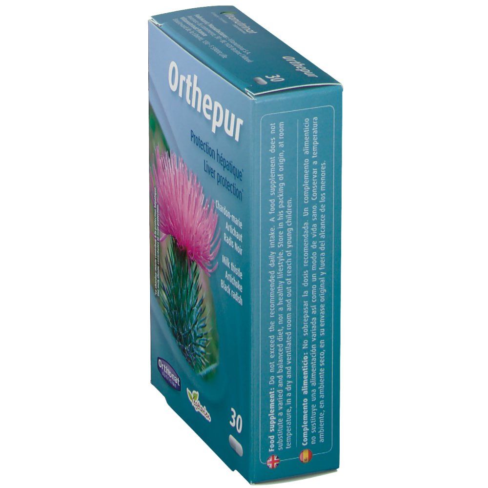 Schuine weergave van doos 'Orthepur'. Opschrift: 'Protection hépatique', 'Liver protection'. Distelbloem. 30 capsules. Tekst in Frans, Spaans, Nederlands.
