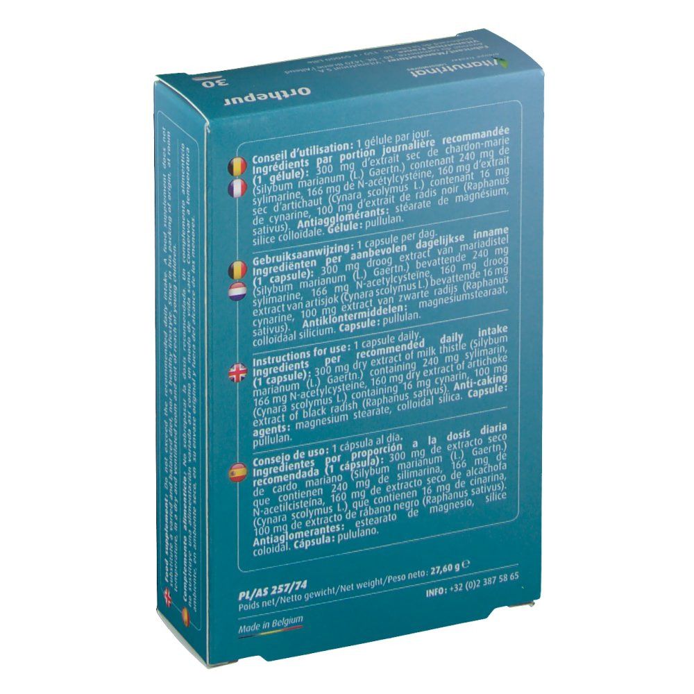 Achterkant van de 'Orthepur'-doos. Tekst in Frans, Nederlands, Engels, Spaans. Ingrediëntenlijst. 1 capsule per dag. 30 capsules.