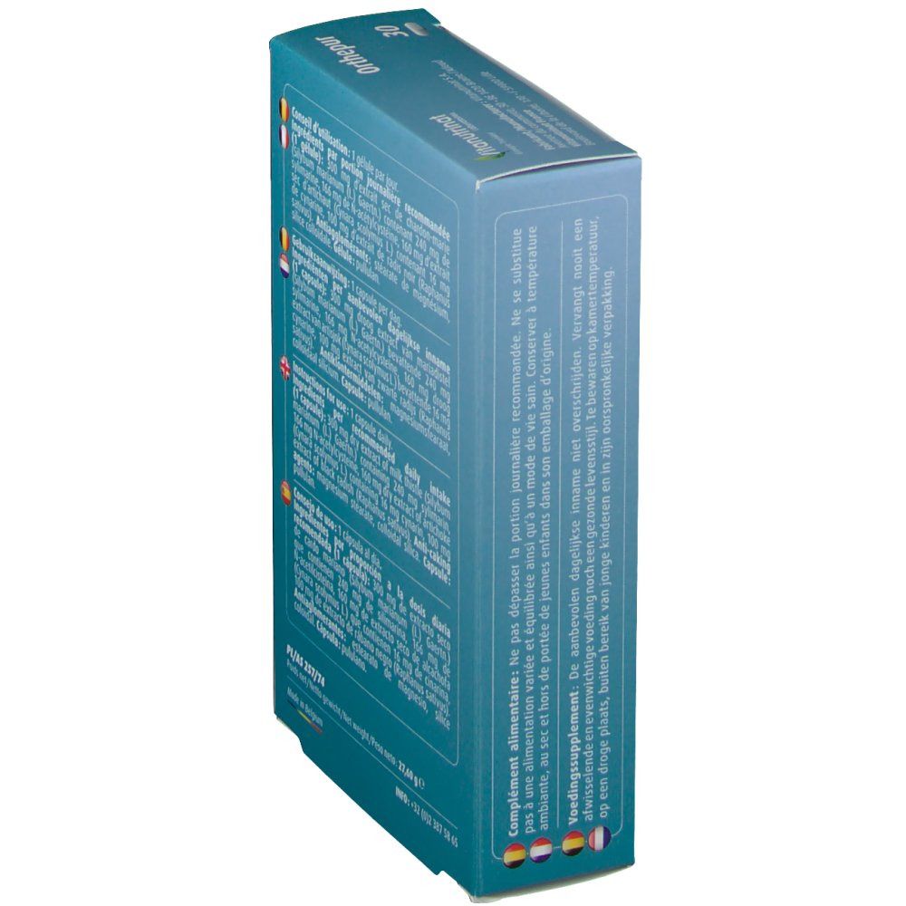 Schuine weergave van doos 'Orthepur'. Tekst in Frans, Nederlands, Engels, Spaans. Fabrikantinformatie. 30 capsules.