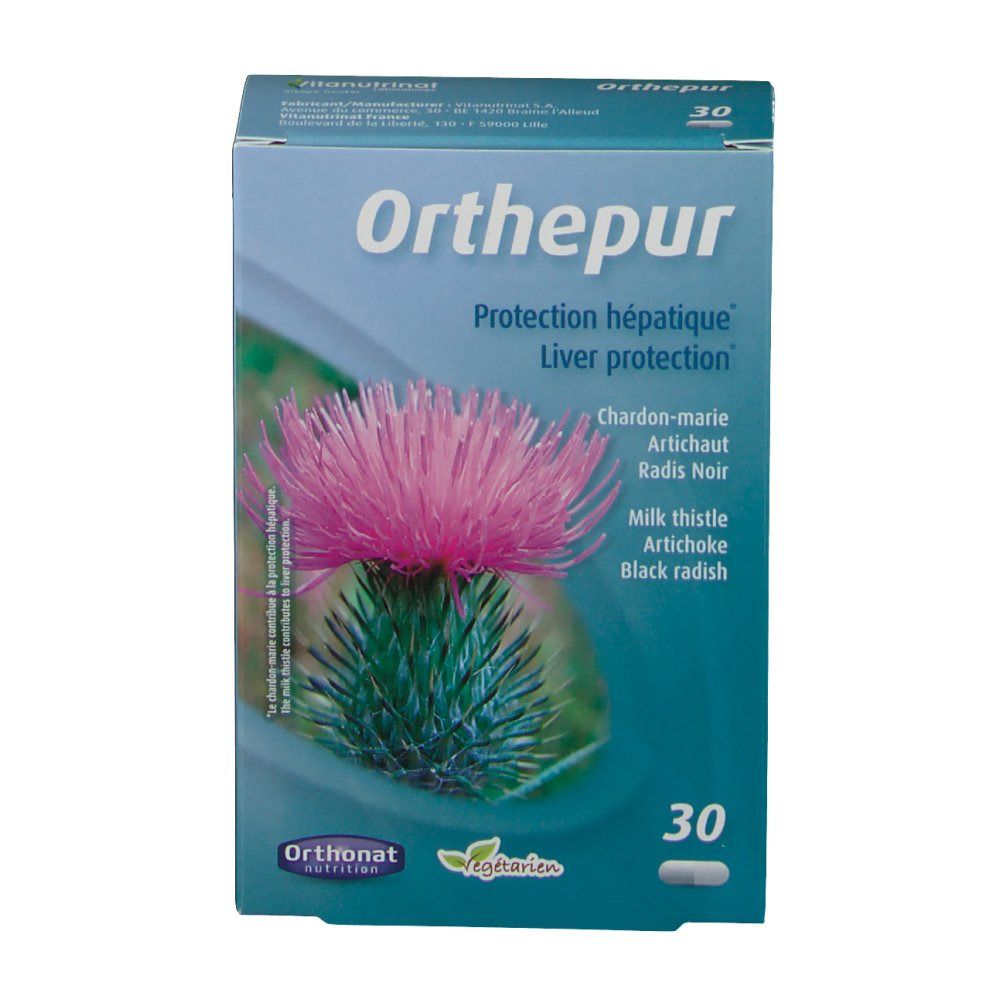 Doos 'Orthepur'. Opschrift: 'Protection hépatique', 'Liver protection'. Afbeelding van een distelbloem. 30 capsules. Logo 'Vegetarisch'.