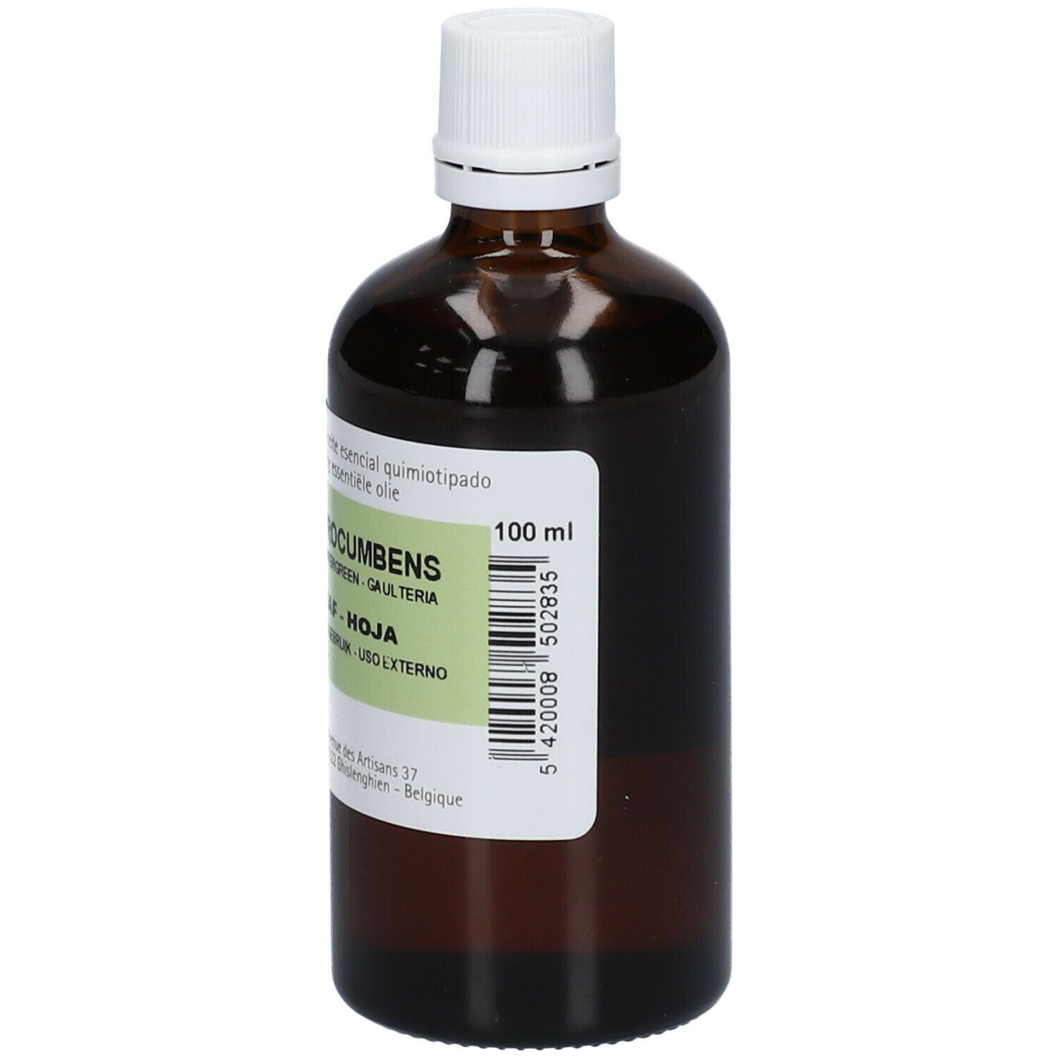 Flacon en verre brun avec bouchon blanc. Étiquette avec informations produit, 100 ml et code-barres.
