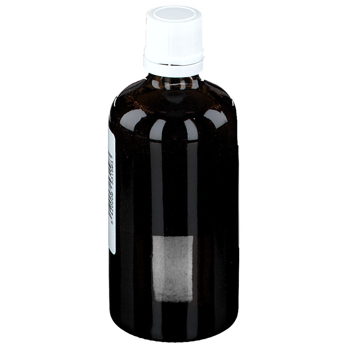 Braune Glasflasche mit weißem Deckel. Etikett teilweise sichtbar. Produktname nicht lesbar.