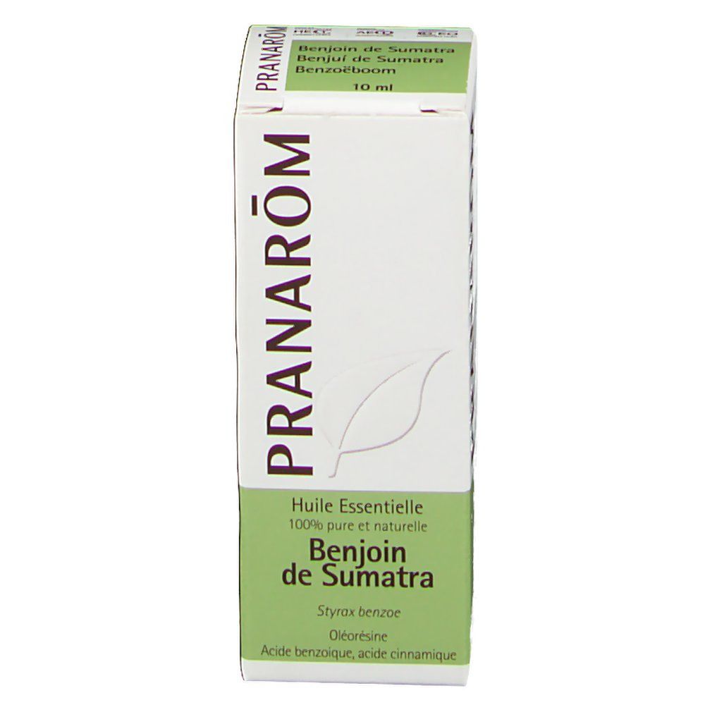 Boîte haute blanche avec informations produit. Inscription: Pranarôm, Benjoin de Sumatra, 10 ml, Huile Essentielle.