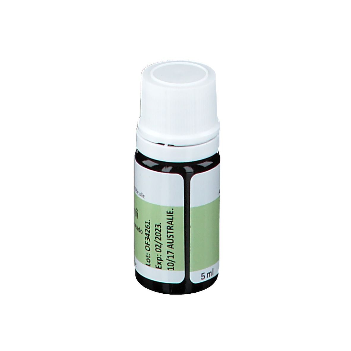 Flacon en verre brun avec bouchon blanc. Étiquette avec nom et informations. Marque PRANAROM. 5 ml.