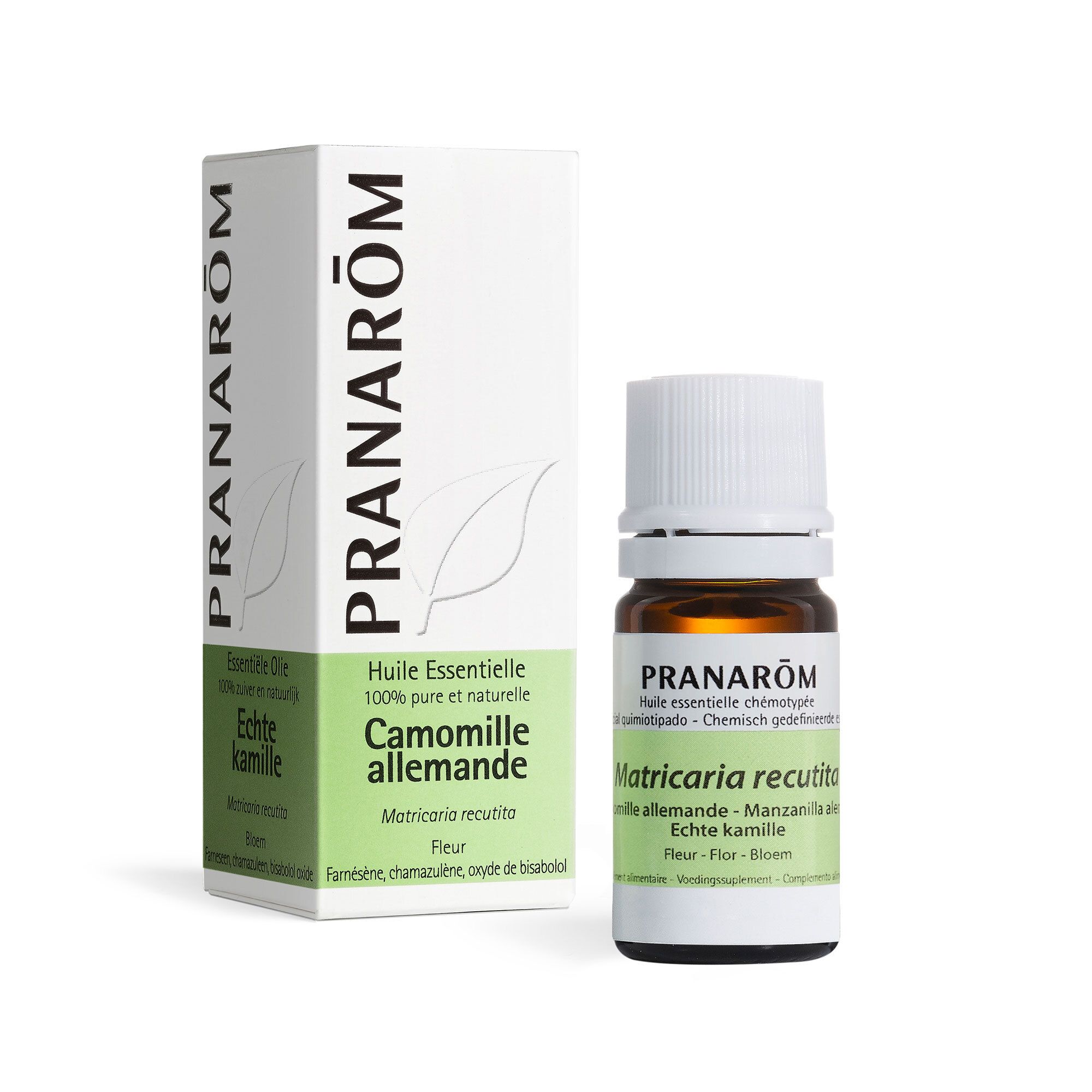 PRANAROM verpakking en bruine glazen fles met witte dop. Opschrift: Camomille allemande, 5ml. Productinformatie.