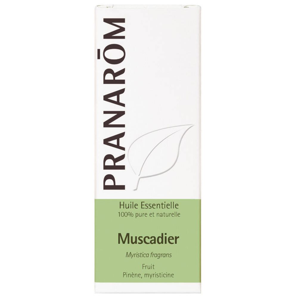Boîte blanche PRANAROM. Huile essentielle Muscadier. Ingrédients : Myristica fragrans, pinène, myristicine.