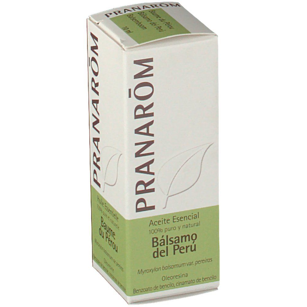 Boîte en carton avec logo et nom du produit. Texte : "Aceite Esencial", "Bálsamo del Perú". Couleurs vert et blanc. Symbole de feuille.