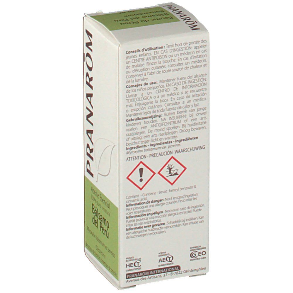 Dos de la boîte en carton. Texte : avertissements, ingrédients. Logos et symboles. Couleurs vert et blanc.
