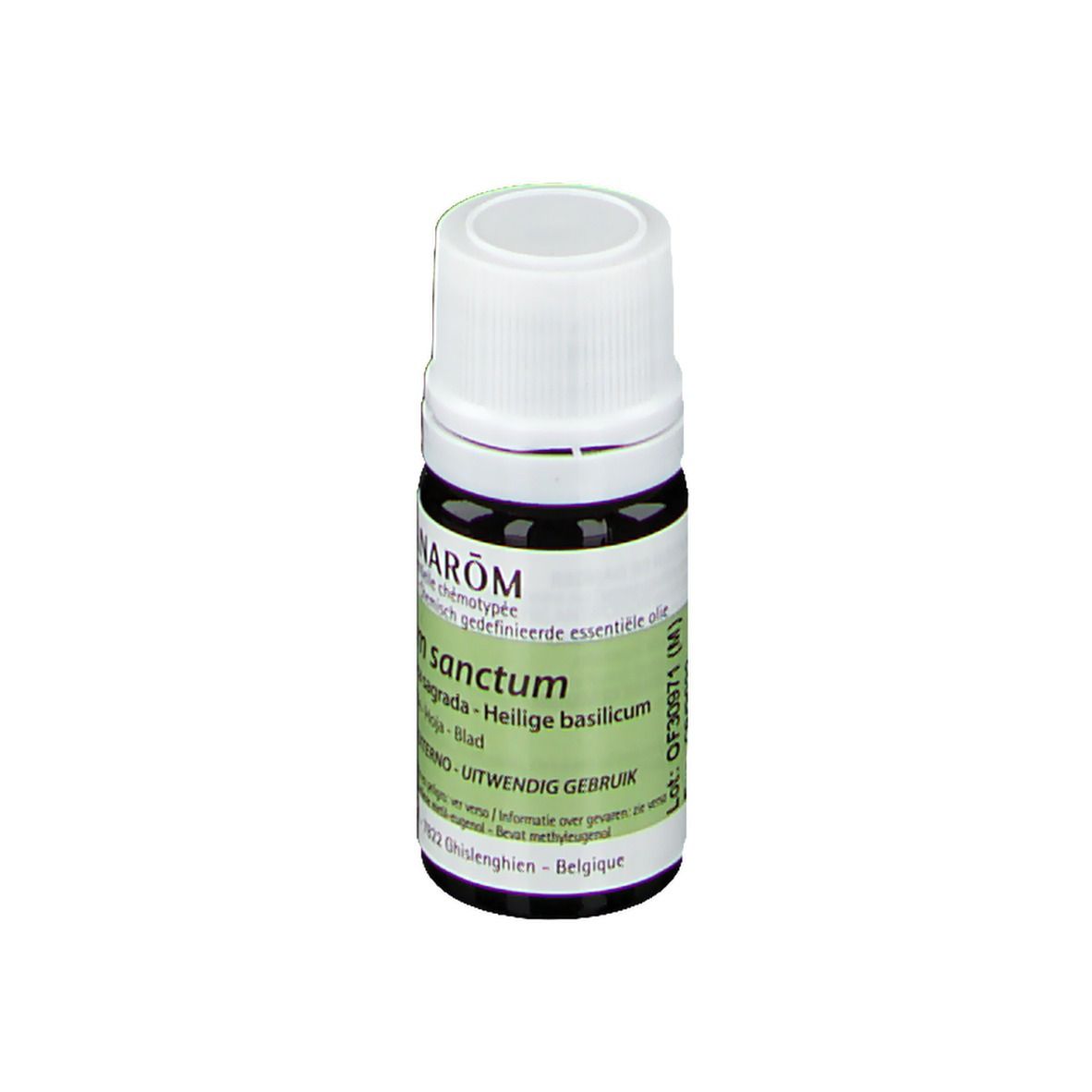 Petite bouteille en verre avec bouchon blanc. Étiquette avec informations produit et nom de marque Pranarôm.
