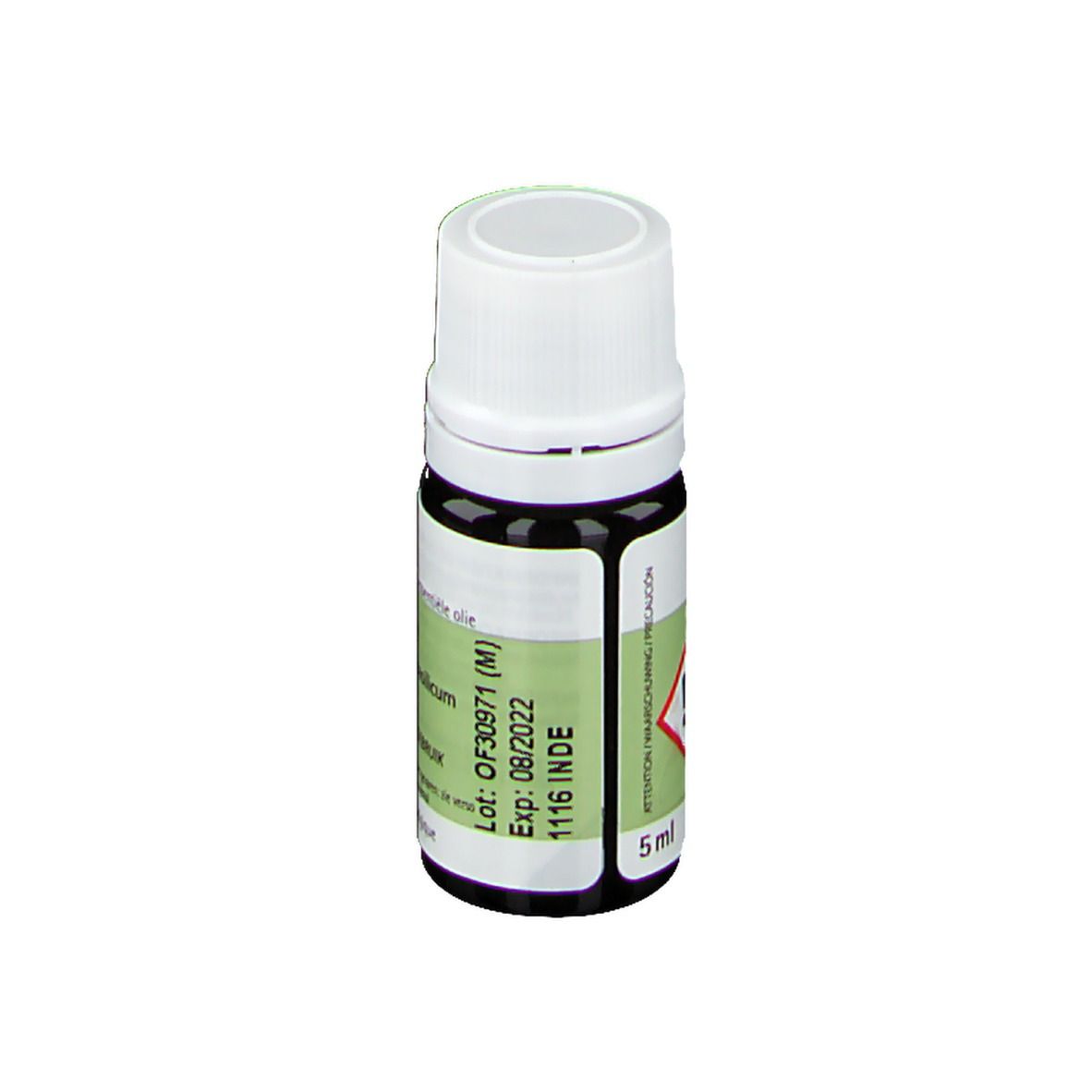 Petite bouteille en verre avec bouchon blanc. Étiquette avec informations produit, numéro de lot et date d'expiration.
