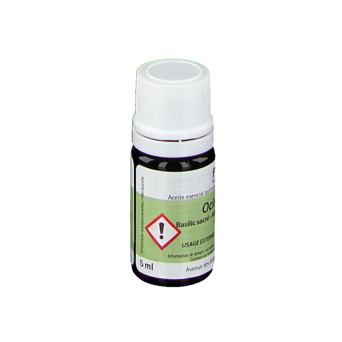 Petite bouteille en verre avec bouchon blanc. Étiquette avec informations produit et symbole d'avertissement.