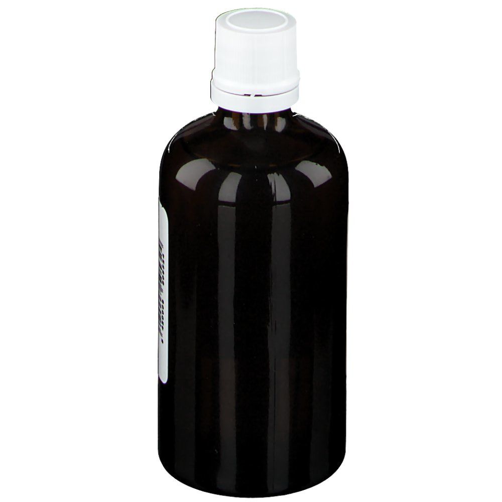 Bruine glazen fles met witte dop. Etiket met tekst.