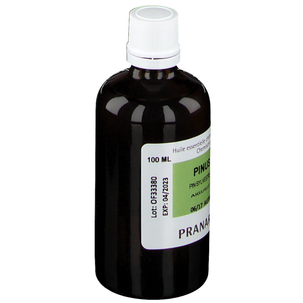 Bruine glazen fles met witte dop. Groen etiket: PINUS SYLVESTRIS, 100 ml, PRANAROM.