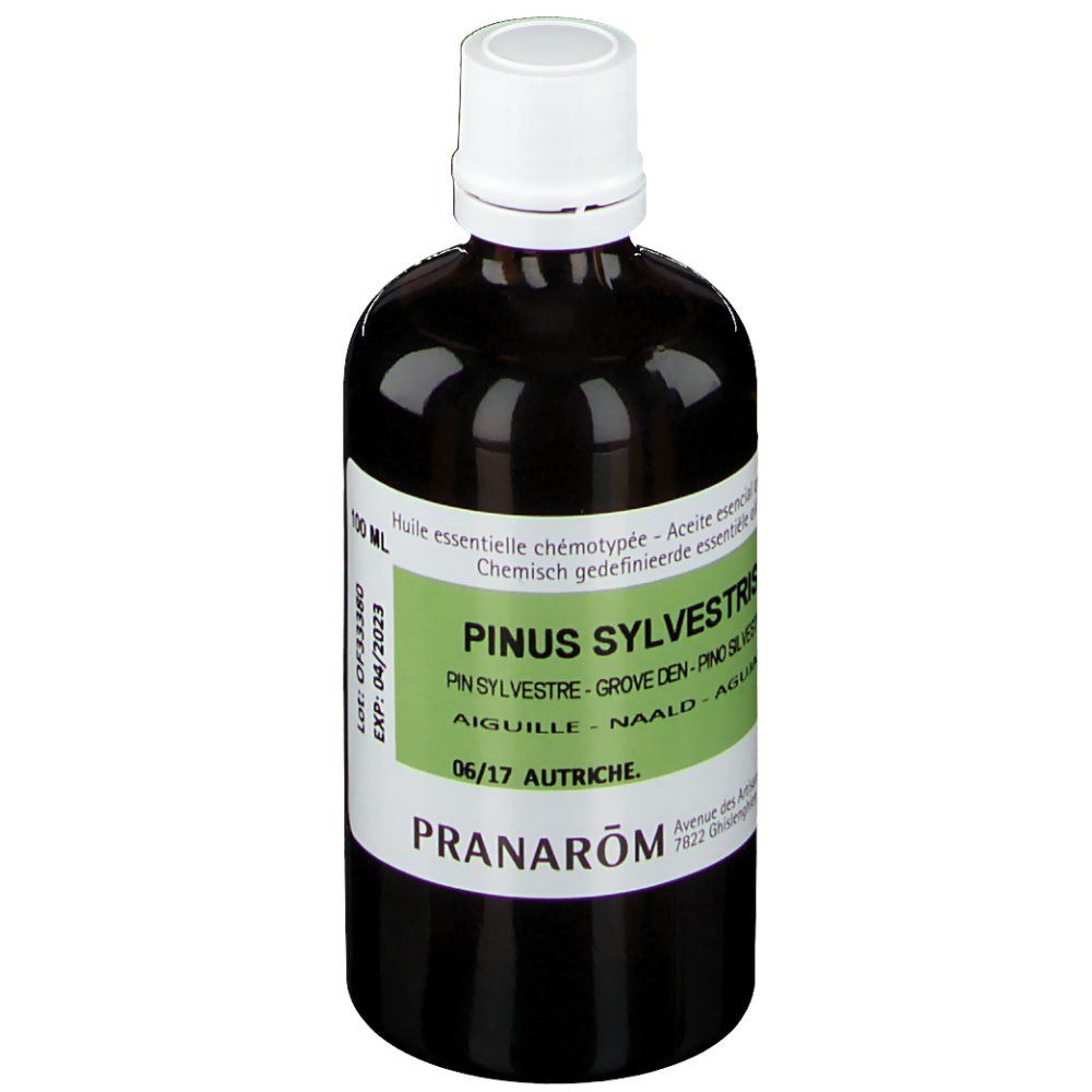 Bruine glazen fles met witte dop. Groen etiket: PINUS SYLVESTRIS, 100 ml, PRANAROM.