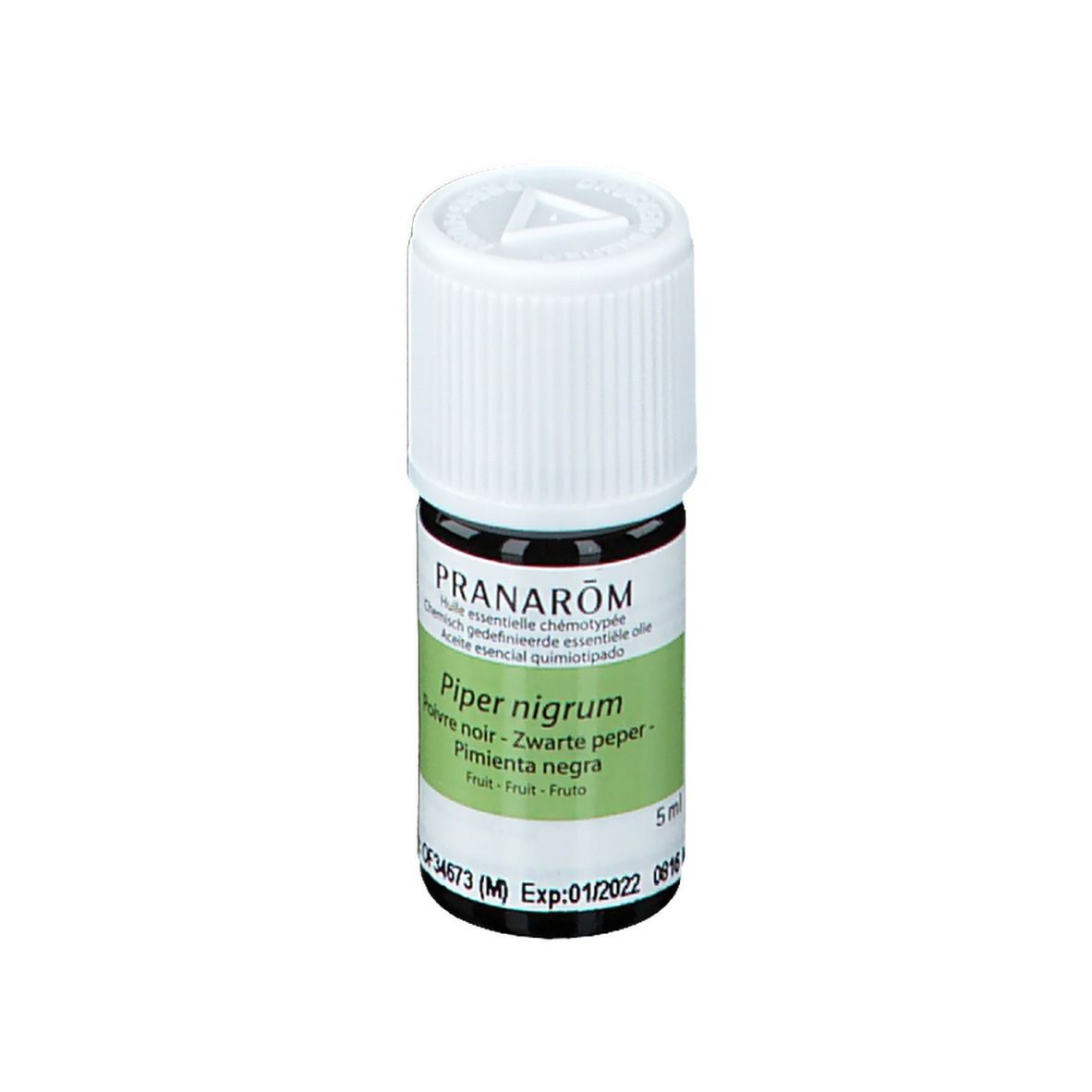 Kleine bruine glazen fles met witte dop. Etiket met productnaam, ingrediënten en merk Pranarôm. 5 ml.