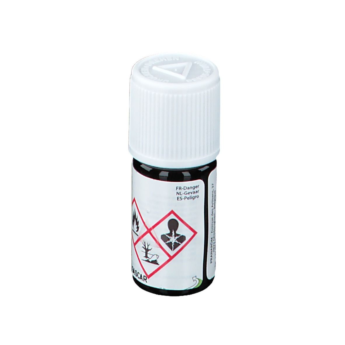 Kleine bruine glazen fles met witte dop. Etiket met gevaarsymbolen en merk Pranarôm. 5 ml.