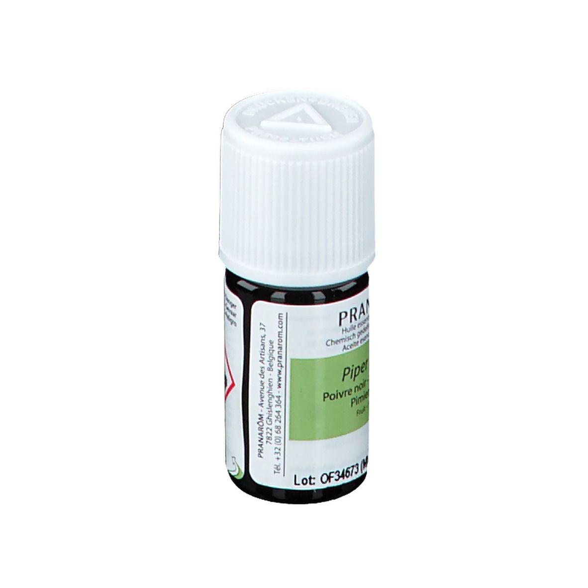 Kleine bruine glazen fles met witte dop. Etiket met productnaam, ingrediënten en merk Pranarôm. 5 ml.