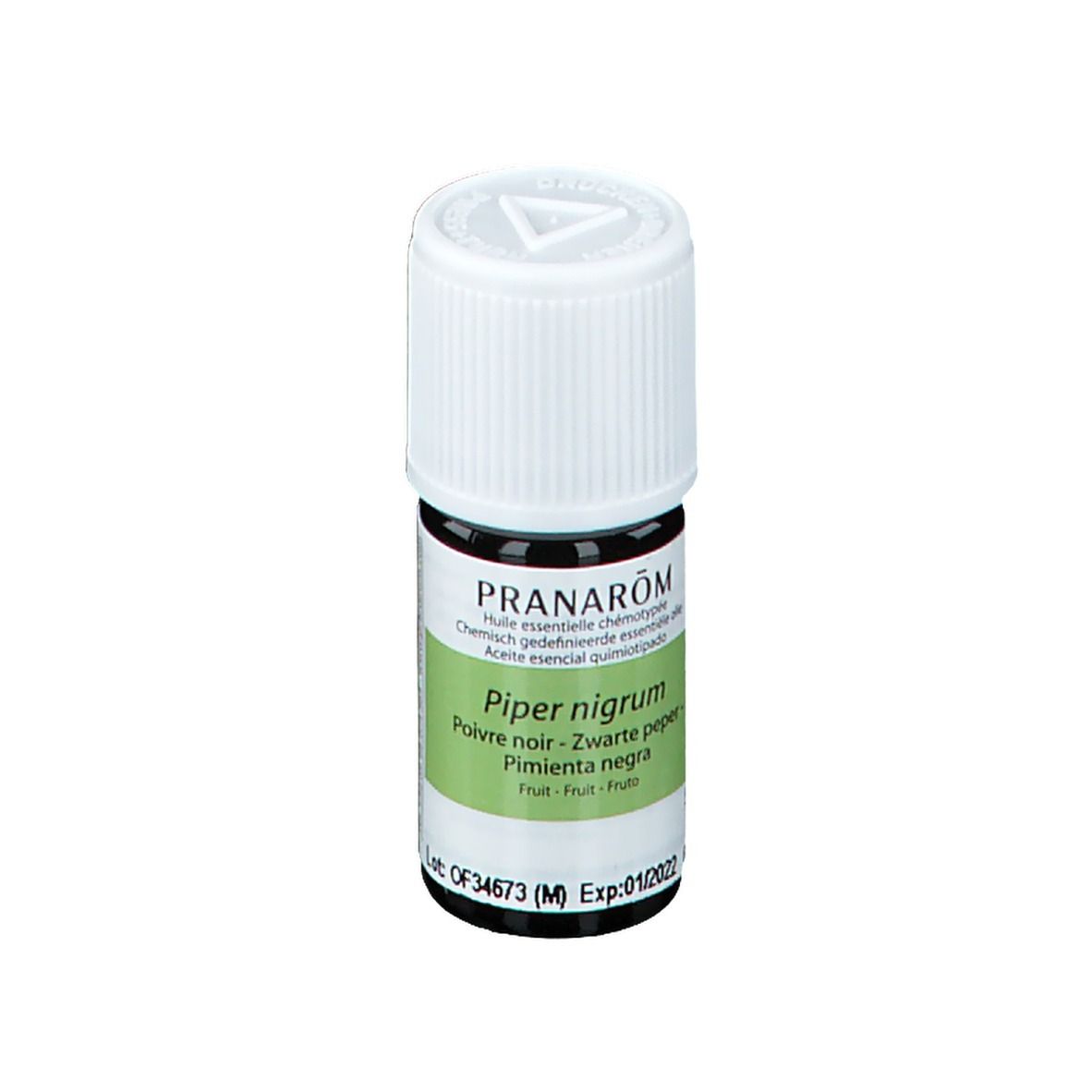 Kleine bruine glazen fles met witte dop. Etiket met productnaam, ingrediënten en merk Pranarôm. 5 ml.