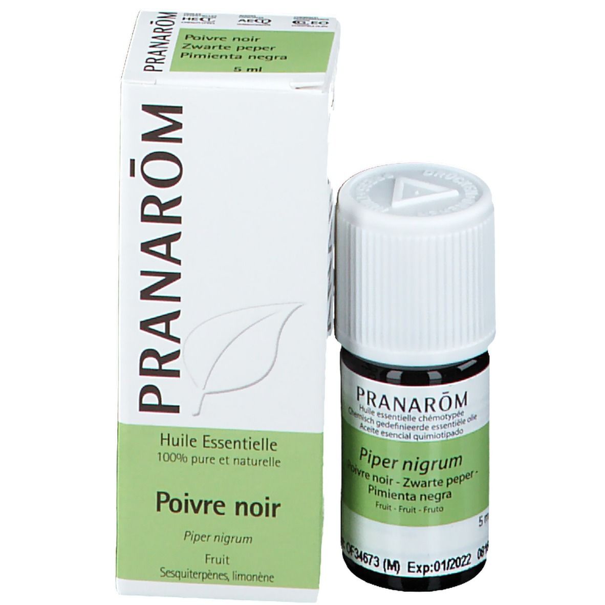 Productfles en verpakking. Bruine glazen fles met witte dop. Verpakking met merk Pranarôm en productnaam.