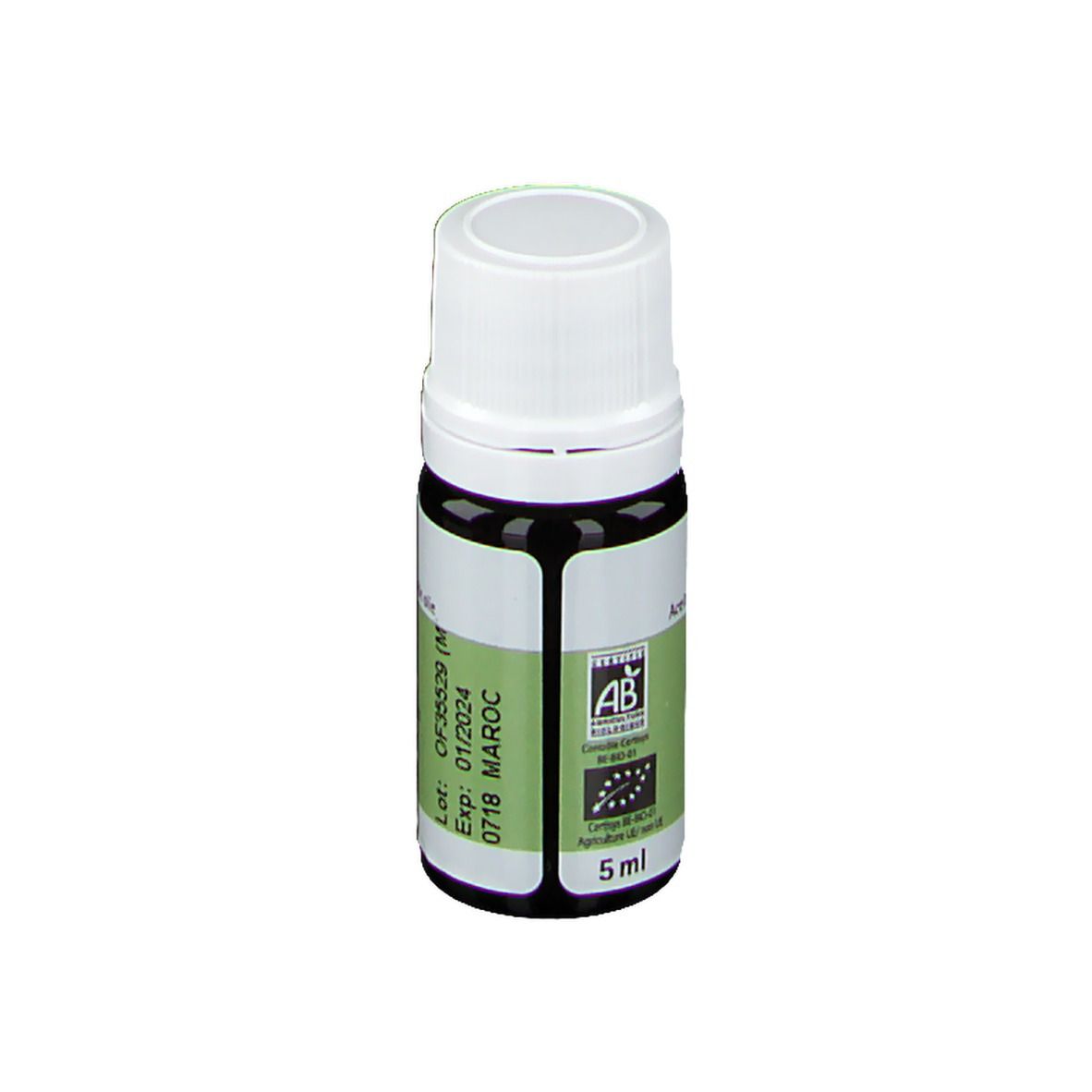 Braune Glasflasche mit weißem Deckel. Etikett mit Produktnamen und Marke Pranarôm. Bio-Siegel. Volumen: 5 ml.