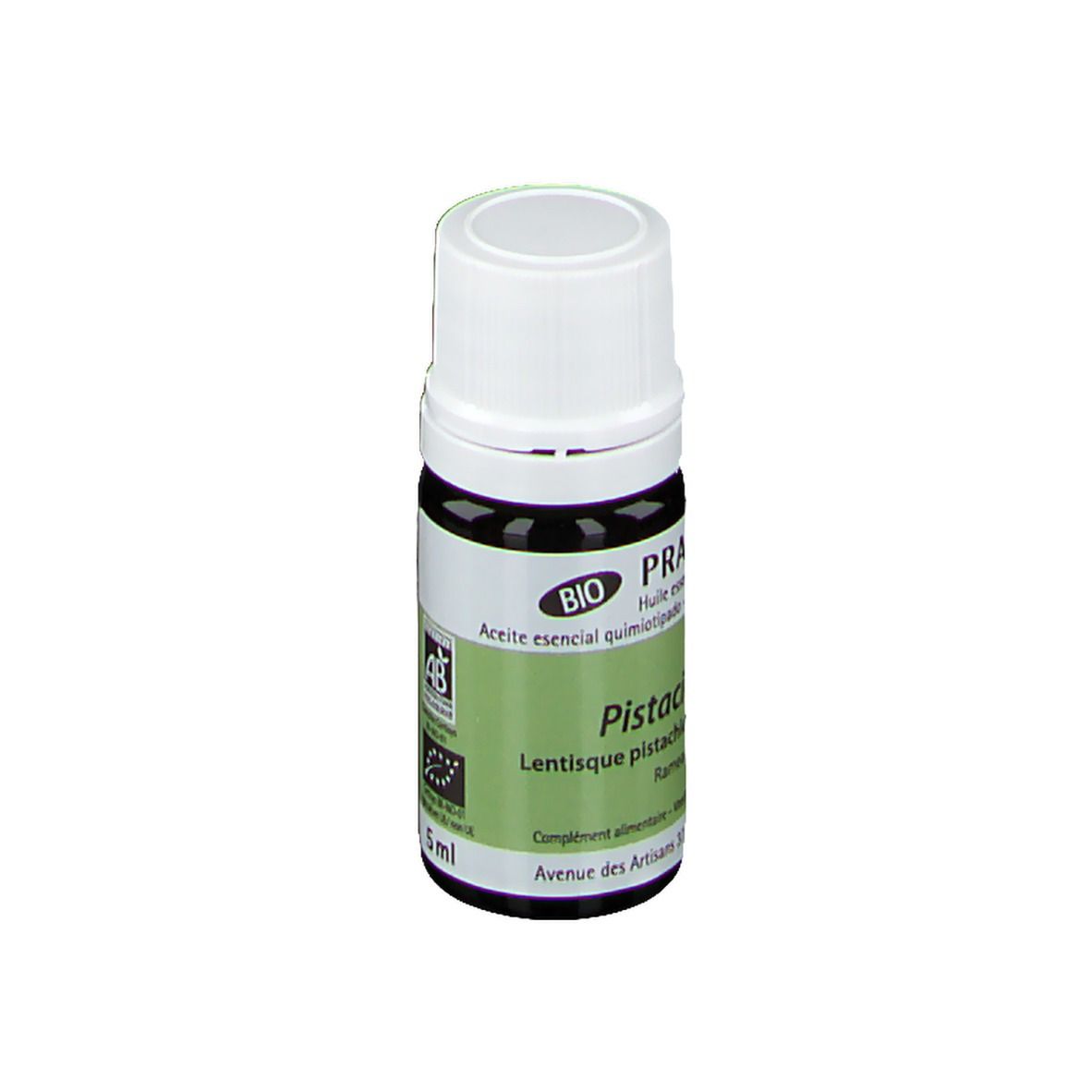Braune Glasflasche mit weißem Deckel. Etikett mit Produktnamen und Marke Pranarôm. Bio-Siegel. Volumen: 5 ml.