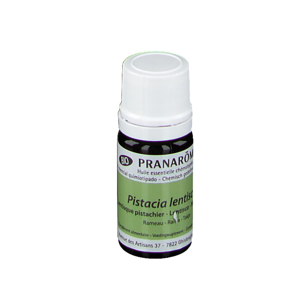 Braune Glasflasche mit weißem Deckel. Etikett mit Produktnamen und Marke Pranarôm. Bio-Siegel. Volumen: 5 ml.