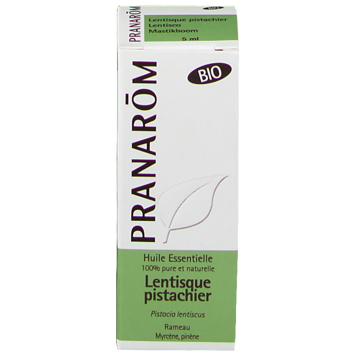 Produktverpackung. Karton mit Marke Pranarôm, Produktnamen und Bio-Siegel. Text in Französisch.