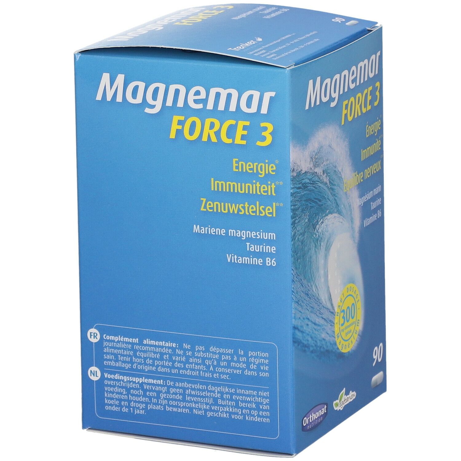 Boîte bleue "Magnemar FORCE 3". Contient 90 gélules. Inscriptions: Énergie, Immunité, Équilibre nerveux. Texte en français et néerlandais.