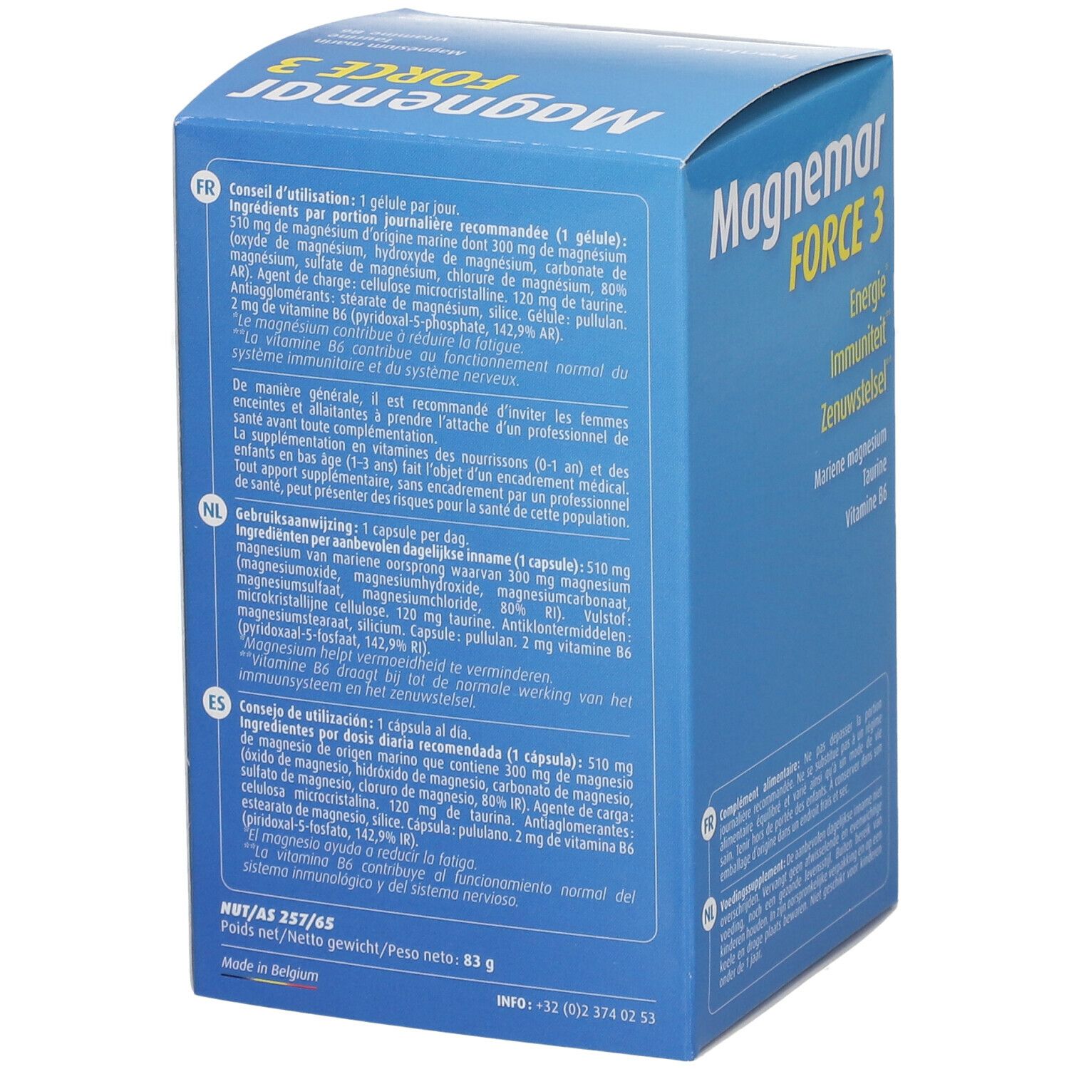Boîte bleue "Magnemar FORCE 3". Dos avec informations et mode d'emploi. Texte en français, néerlandais et espagnol.
