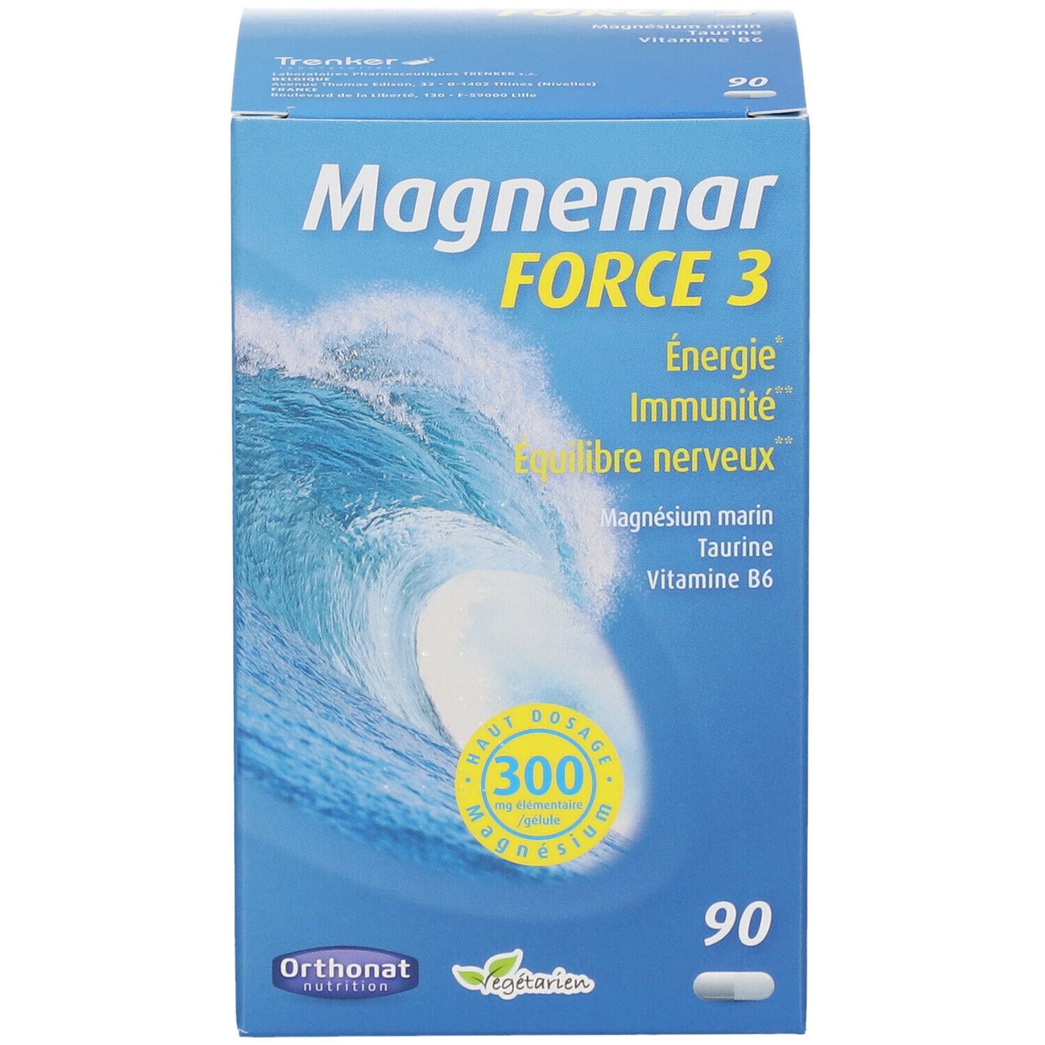 Boîte bleue "Magnemar FORCE 3". Contient 90 gélules. Inscriptions: Énergie, Immunité, Équilibre nerveux. Marque Orthonat.