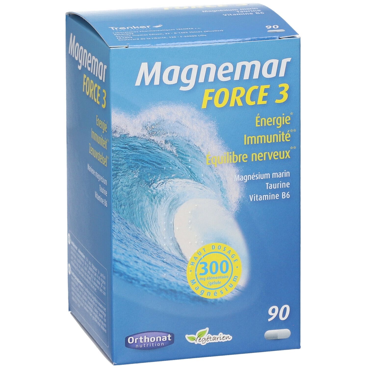 Boîte bleue "Magnemar FORCE 3". Contient 90 gélules. Inscriptions: Énergie, Immunité, Équilibre nerveux. Marque Orthonat.