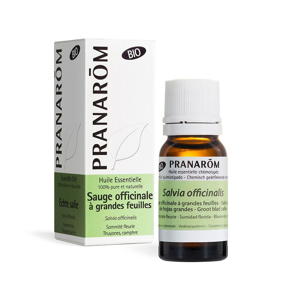 Braune Glasflasche und Karton. Aufschrift: PRANAROM, Salvia officinalis, BIO. Enthält ätherisches Öl.