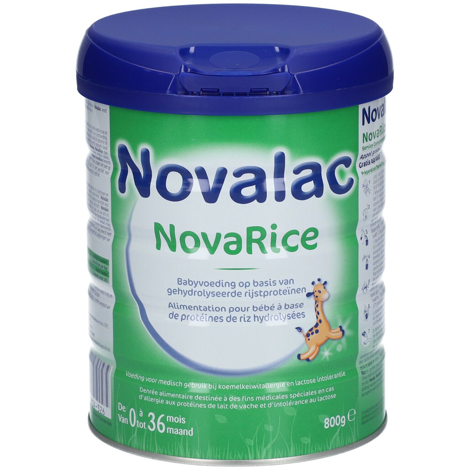 Groene pot met blauwe deksel. Opschrift Novalac NovaRice. Babyvoeding op basis van rijstproteïnen. 800g. Illustratie van een giraffe.