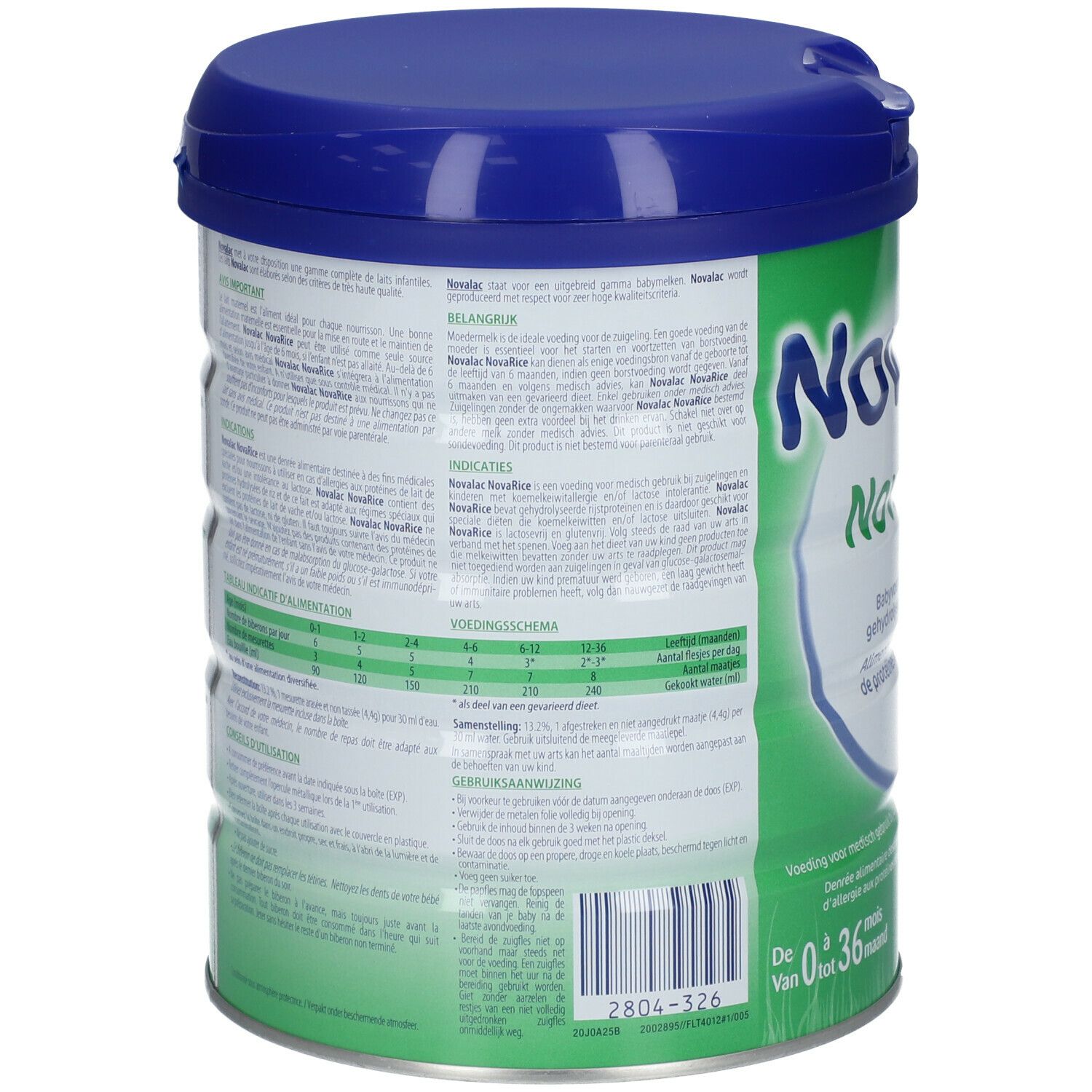 Achterkant van de pot. Tekst in meerdere talen. Informatie over ingrediënten, dosering en gebruik. Barcode onderaan.