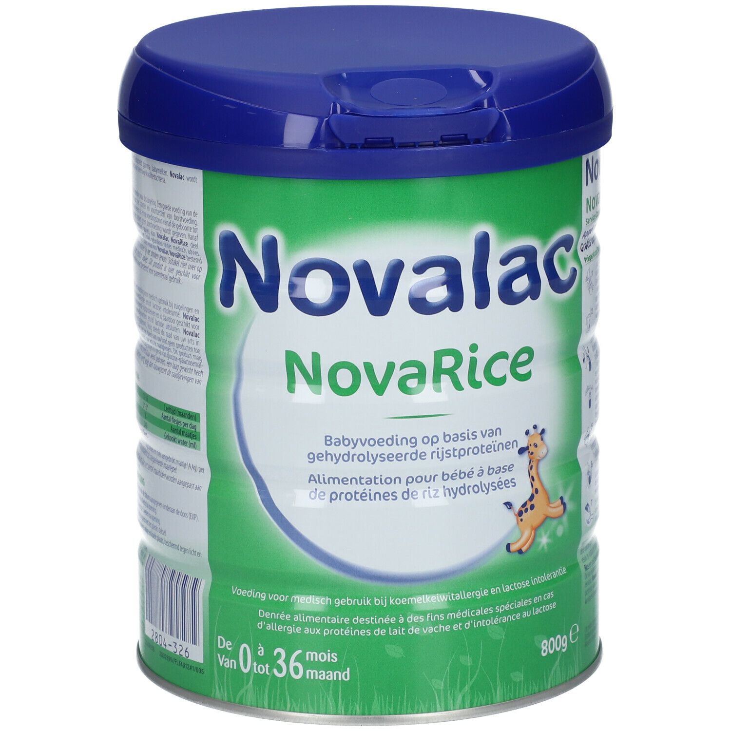 Groene pot met blauwe deksel. Opschrift Novalac NovaRice. Babyvoeding op basis van rijstproteïnen. 800g. Illustratie van een giraffe.