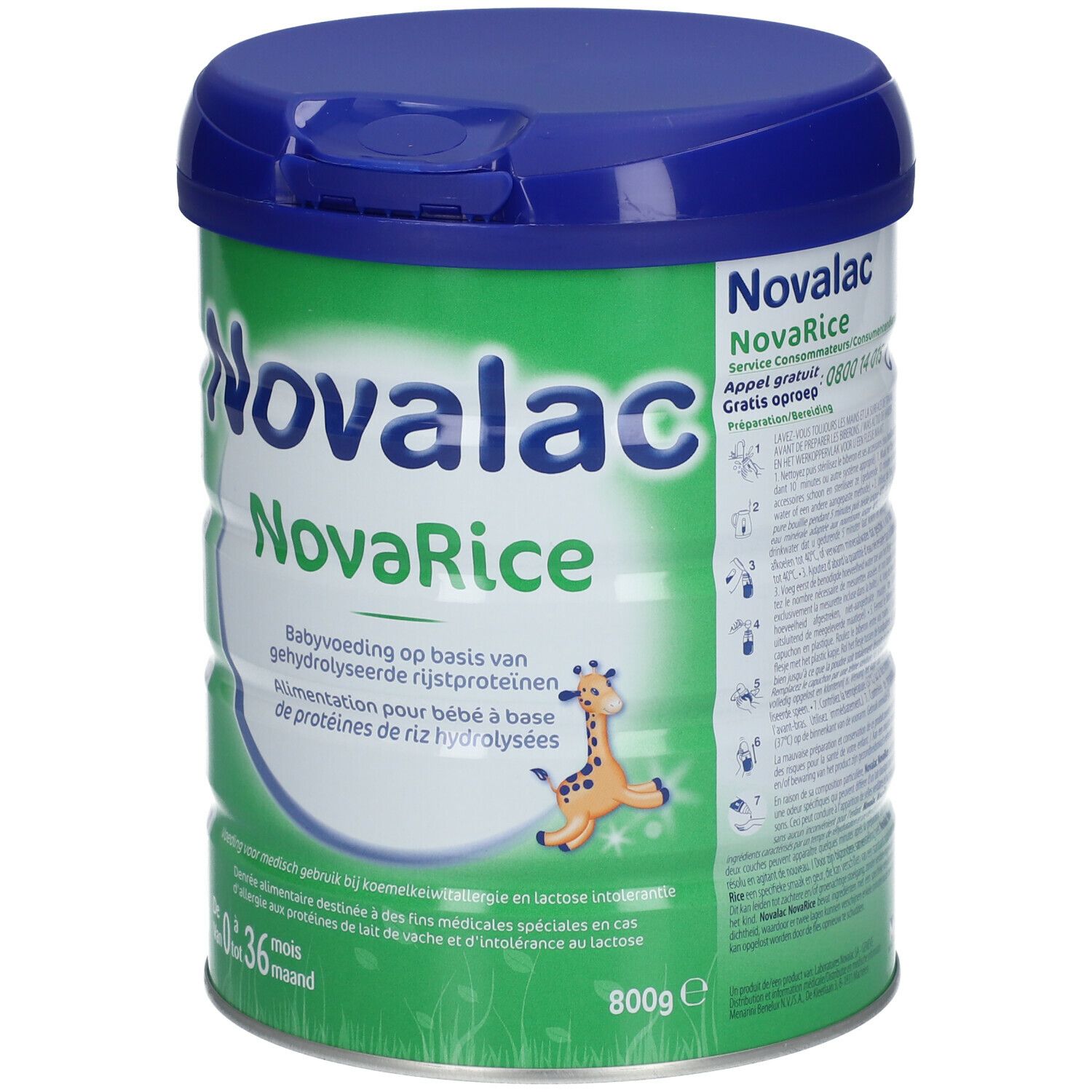 Groene pot met blauwe deksel. Opschrift Novalac NovaRice. Babyvoeding op basis van rijstproteïnen. 800g. Illustratie van een giraffe.