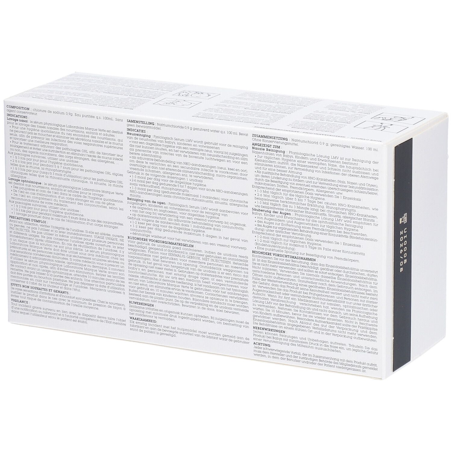 Dos de l'emballage du sérum. Texte multilingue. Informations sur le produit.