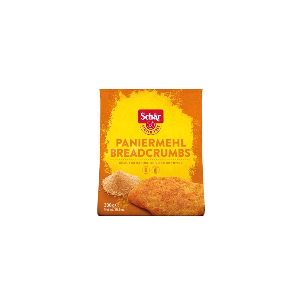 Paneermeelverpakking. Opschrift: Schär, glutenvrij. Afbeelding van paneermeel en gepaneerde schnitzel.