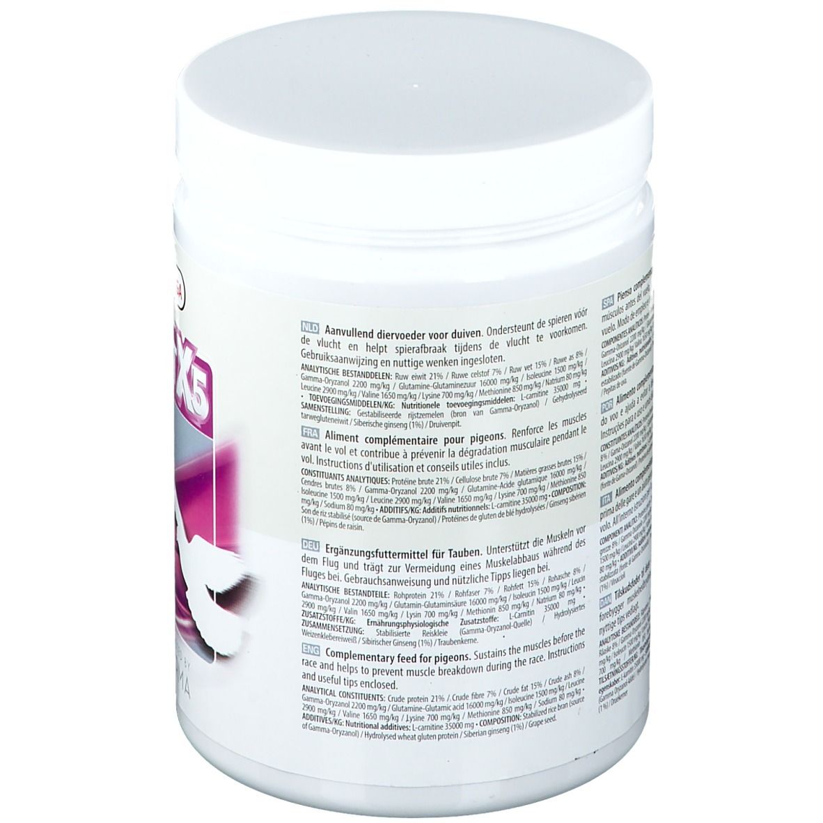 Dos du produit cylindrique blanc. Texte multilingue, ingrédients et informations nutritionnelles.