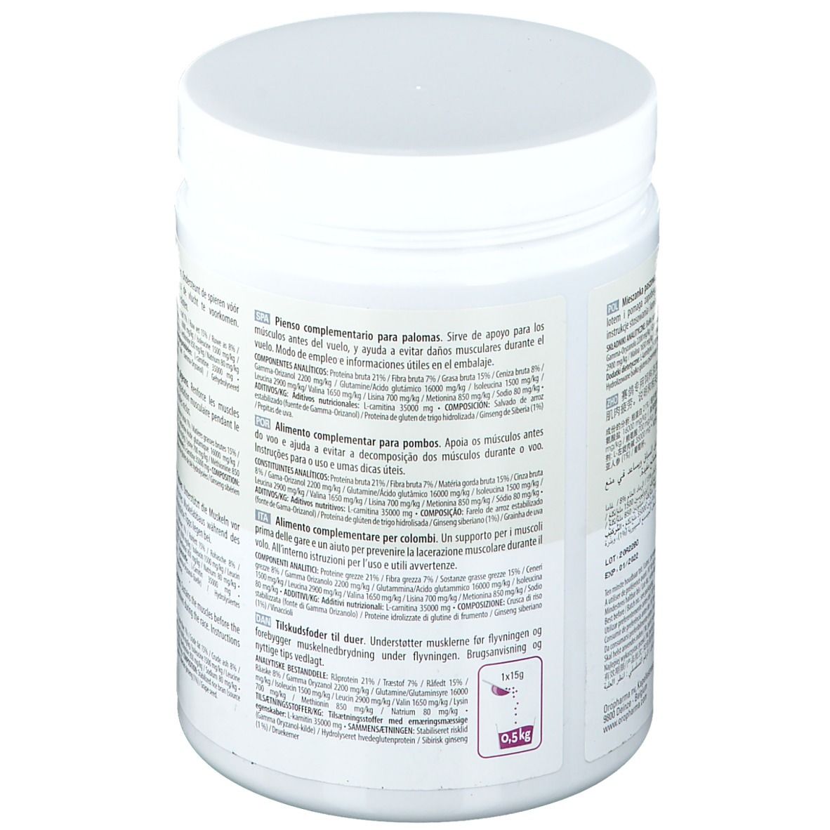 Dos du produit cylindrique blanc. Texte multilingue, ingrédients et informations nutritionnelles. 0,5 kg.